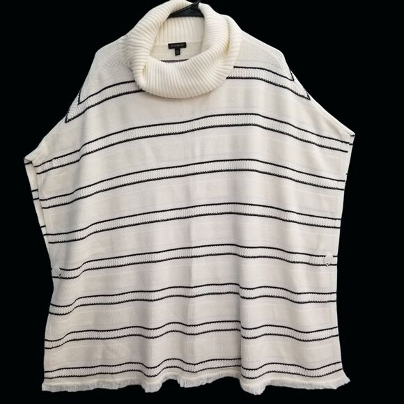 Talbots Women's Sweater Shawl Size M/L Poncho Knit Cape Fringe Blue White - Picture 1 of 9